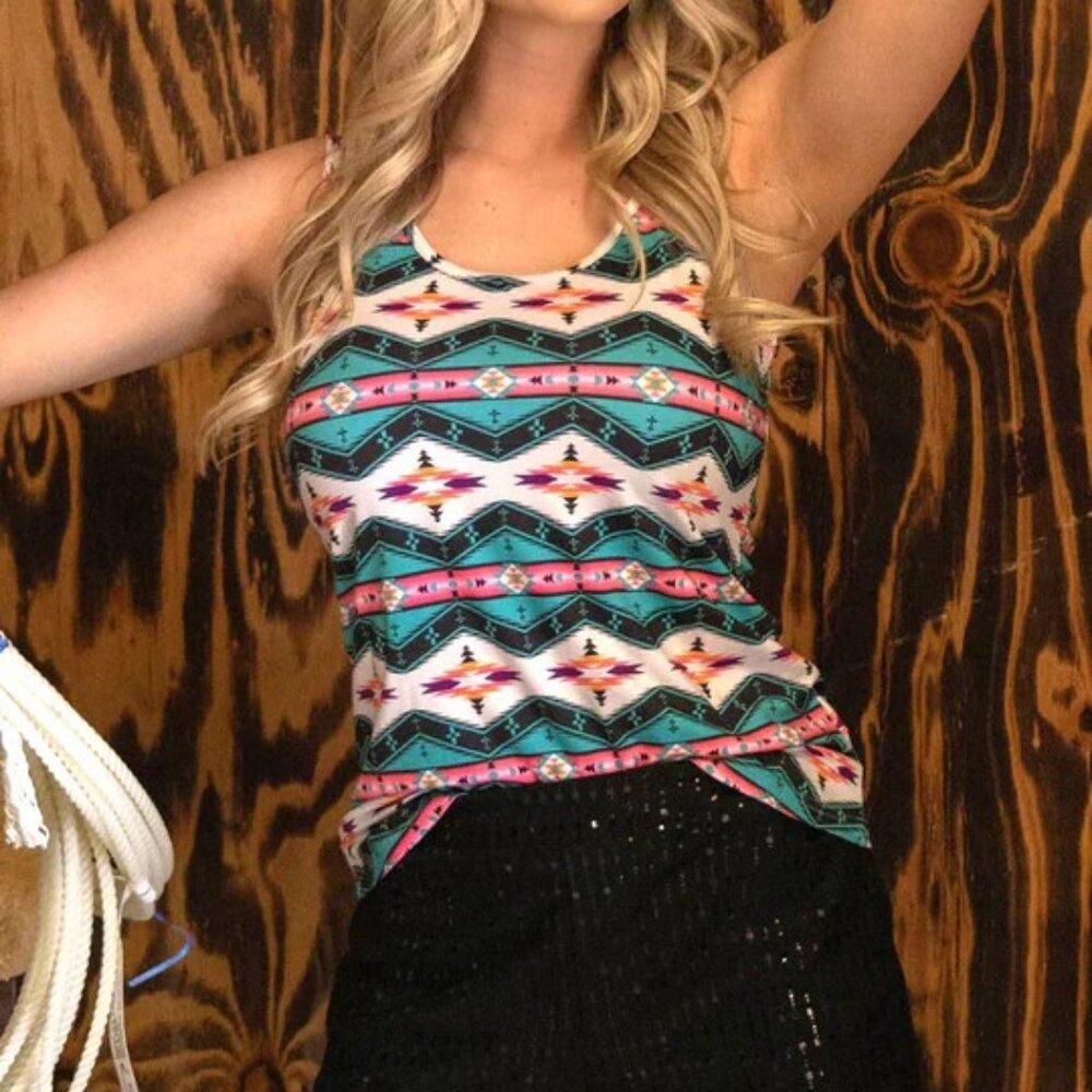 Summer Pink and Turquoise Aztec Tank top